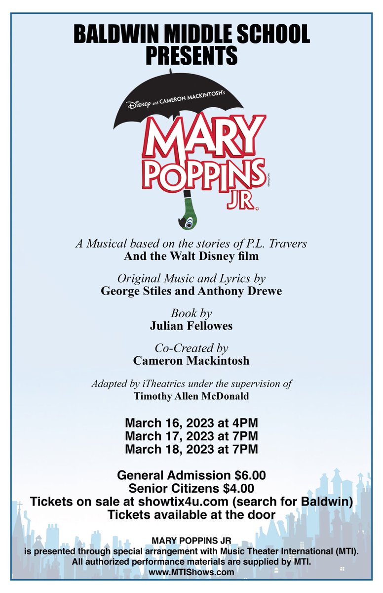 BaldwinUFSD's tweet photo. Mark your calendars, you don’t want to miss the Baldwin Middle School Production of Mary Poppins Jr! Purchase tickets here: https://t.co/AXQz9HidRW #whatsbruininbaldwin #BaldwinMS #BaldwinArts https://t.co/FLEDYvLSCP