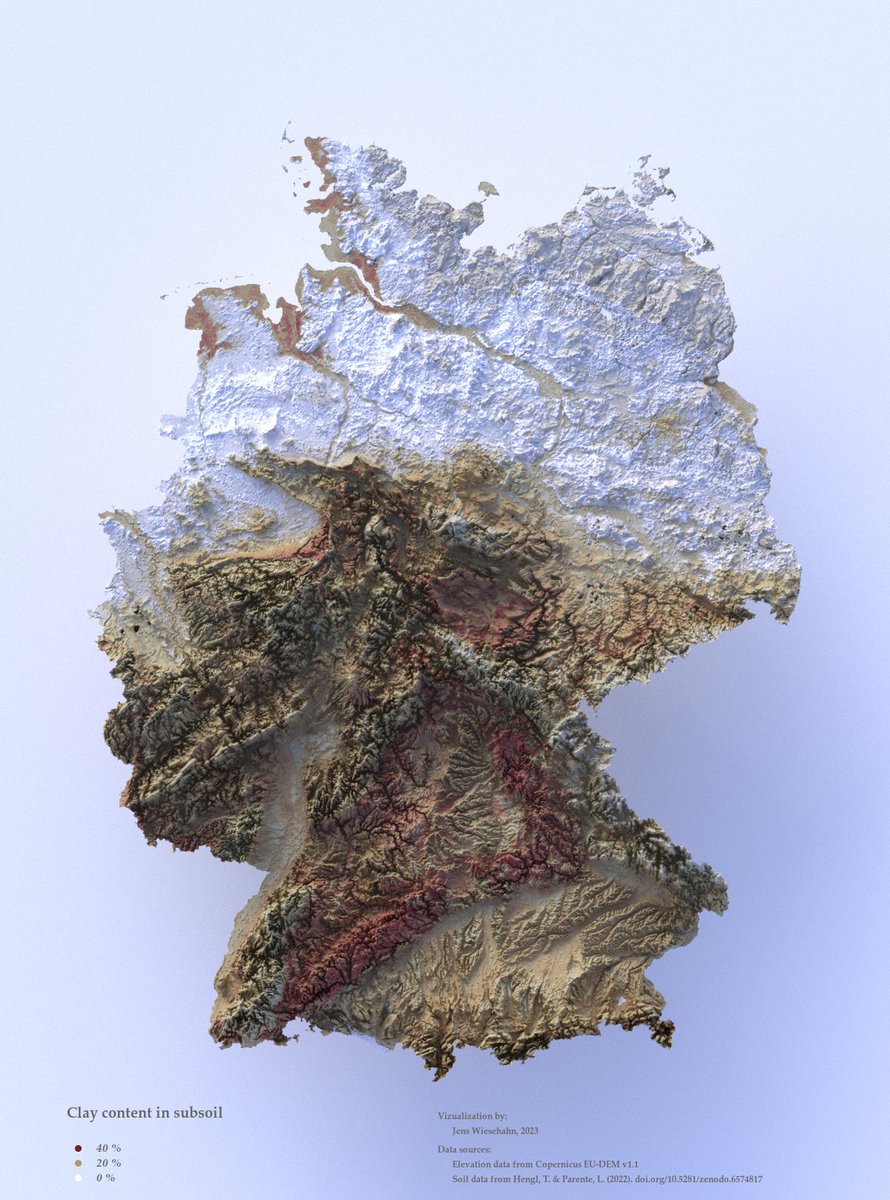JensWiesehahn's tweet photo. Topographic map of Germany showing clay content of subsoil. 
Soil data from @opengeohub was rendered in R with #rayshader 
#maps #cartography https://t.co/MPQko8gklz
