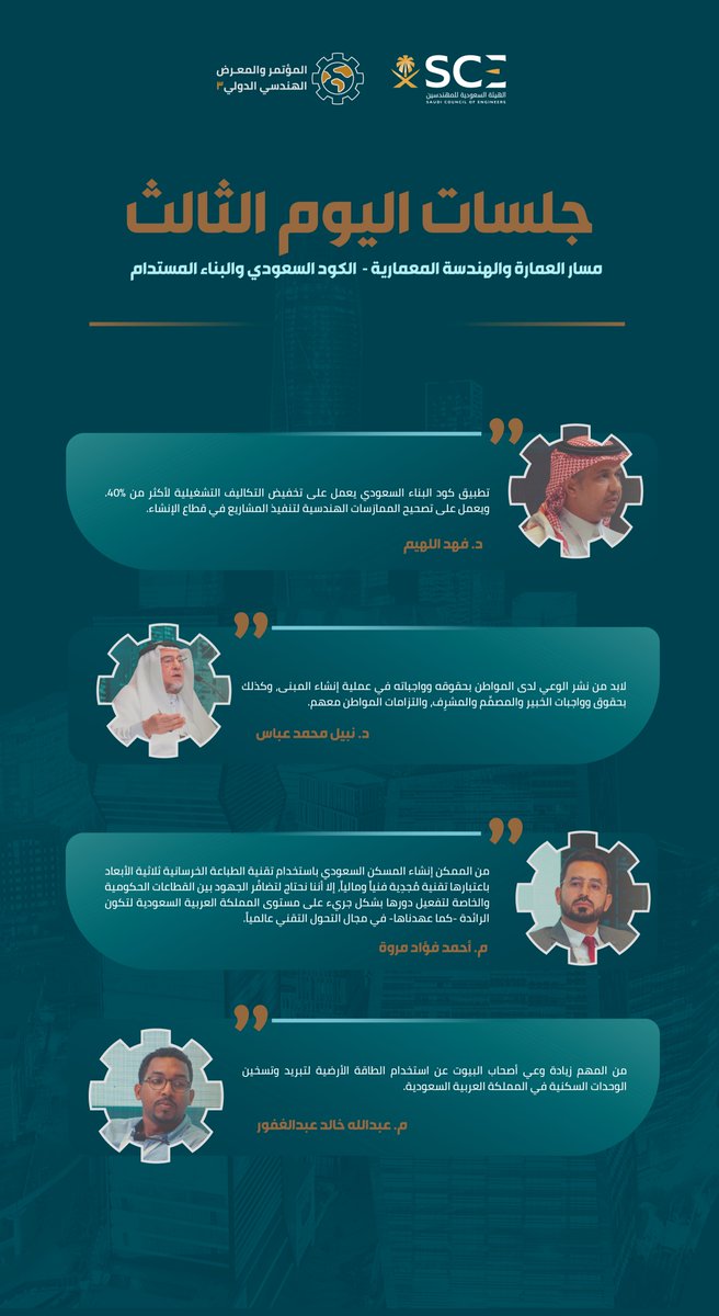 ملخص جلسات اليوم الثالث:

مسار العمارة والهندسة المعمارية - الكود السعودي والبناء المستدام

#المؤتمر_الهندسي_الدولي3