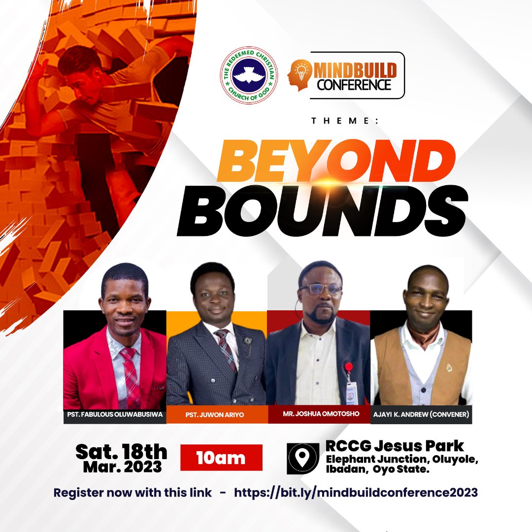 AjayiAndrewKeh1's tweet photo. Wisdom is the principal thing; therefore get wisdom: and with all thy getting get understanding. Prov 4:7

One of the ways by which one go BEYOND BOUNDS is to get wisdom.

Go register for this life transforming conference.

https://t.co/CnAPOFIaEX

#mindbuild
#MBC2023
#MindBuild https://t.co/SNmEyB2Xzy