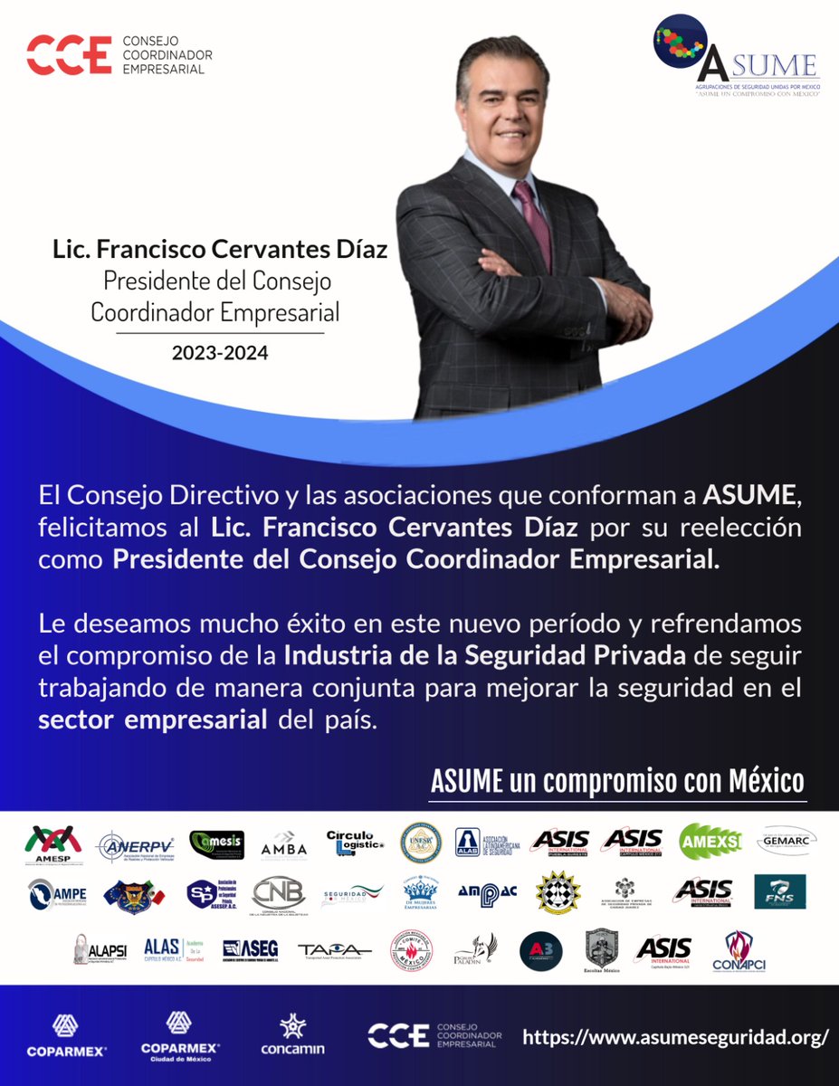 En el marco de la Asamblea de Asociados del <a href="/CCEoficialMx/">Consejo Coordinador Empresarial CCE</a> que se celebró el 1o de marzo, se determinó la reelección de <a href="/FCervantes5/">Francisco Cervantes Díaz</a> como Presidente del #CCE.

El Consejo Directivo y las Asociaciones que integran #ASUME, nos sumamos a la celebración y le deseamos mucho éxito.