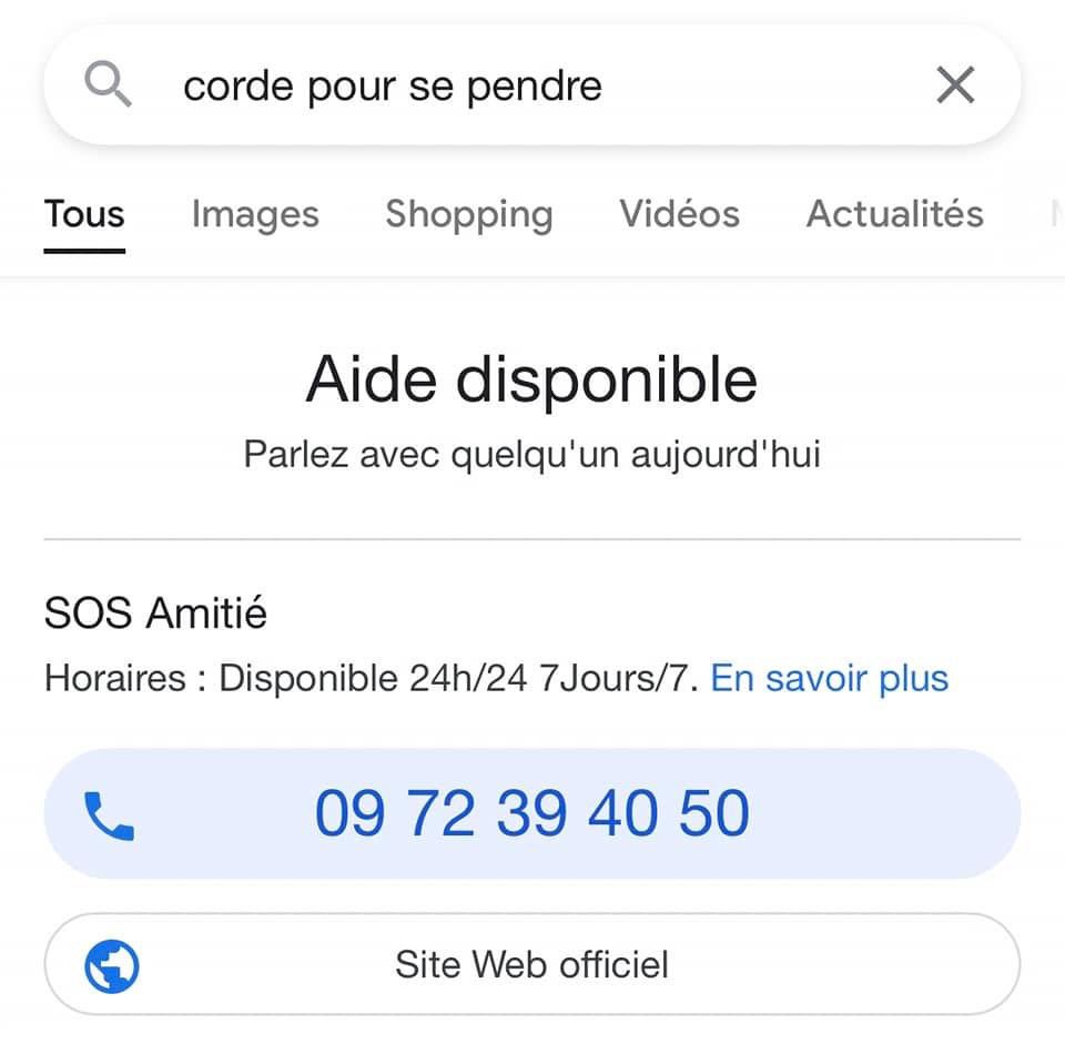 franckconfino's tweet photo. #LeSaviezVous Le SEO peut sauver des vies: « Les internets ont leurs petits secrets... quand on cherche des moyens de se suicider, on tombe bizarrement sur des numéros à appeler à la place... » 🫶(une amie qui bosse chez @sosamitie) Son témoignage, mon test👇 #aide #compublique https://t.co/08WafW6rGs