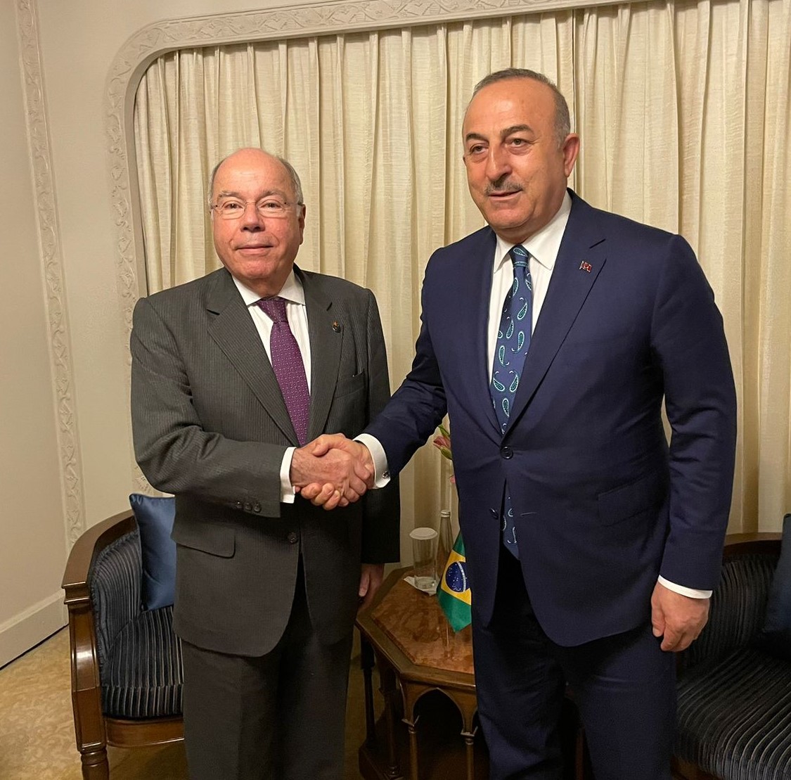 In the last bilateral meeting of the day, in New Delhi, Minister Mauro Vieira 🇧🇷 expressed to Turkey’s Minister of Foreign Affairs Mevlüt Çavuşoğlu  <a href="/MevlutCavusoglu/">Mevlüt Çavuşoğlu</a> 🇹🇷 the solidarity of the Brazilian people over the earthquakes that hit the country in February.