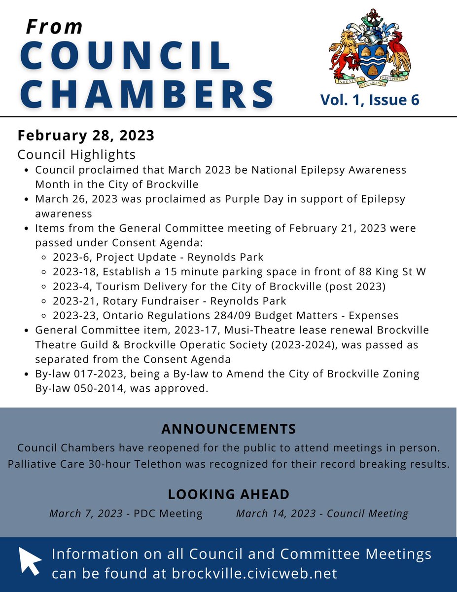 "From Council Chambers" provides an overview of the <a href="/BrockvilleON/">City of Brockville</a> Council meeting held on February 28, 2023. To re-watch the meeting and access more information, please visit brockville.civicweb.net