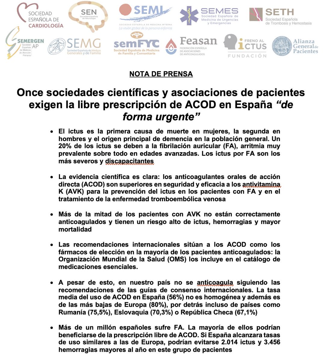 Once sociedades científicas y asociaciones de pacientes exigen la libre prescripción de ACOD en España “de forma urgente. Con <a href="/svcardio/">SVCardio</a> 12. #acodlibre