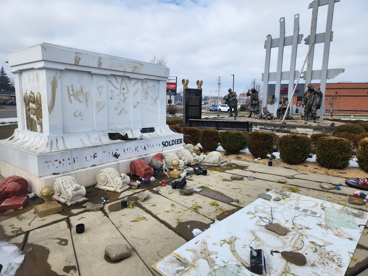 news4buffalo's tweet photo. Photos show the damage done to Patriots and Heroes Park in Williamsville after it was vandalized sometime between Wednesday night and Thursday morning. MORE: https://t.co/wS5VldC3NS

(Photos: Kaitlyn Barone / News4) https://t.co/xsSnp2g0D7