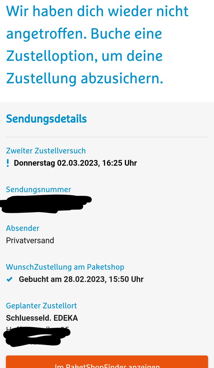 gesavdb's tweet photo. @hermesDE.. Zustellung beim Paketshop gescheitert?! Es war übrigens auch den ganzen Tag jemand zuhause. Wir fragen uns nur, wo der Paketbote war.. https://t.co/BCgpEt2o7C