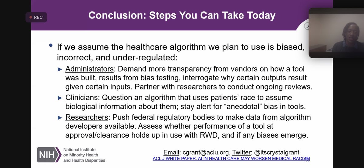 Great recommendations from Dr. Crystal Grant <a href="/itscrystalgrant/">Dr. Crystal Grant</a> from <a href="/ACLU/">ACLU</a> regarding what you can do TODAY about #algorithmicbias in healthcare. ⁦<a href="/AHRQNews/">AHRQ</a>⁩