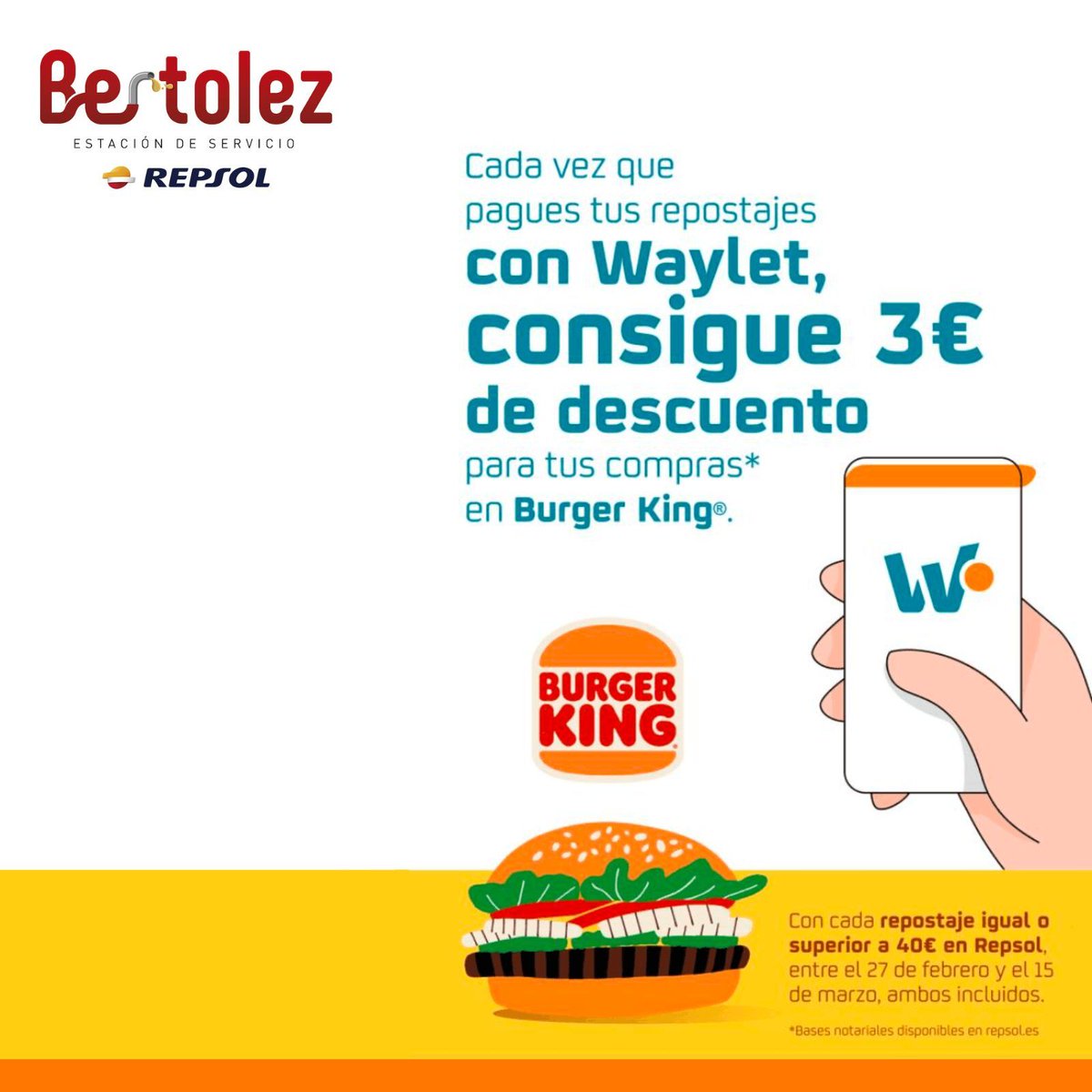 ESBertolez's tweet photo. Desde el 27 de febrero al 15 de marzo todos los usuarios de Waylet que paguen un repostaje de al menos 40€ en carburante recibirán un cupón de 3€ de descuento en Burger King, y todos los usuarios que paguen al menos 18€ en Burger King recibirán un cupón de 3€ de descuento en https://t.co/lKzuqGXeLa