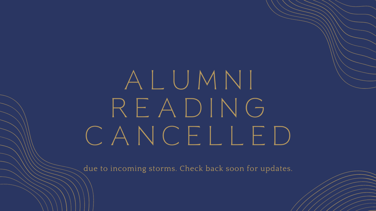 UNTCreativeWrit's tweet photo. UPDATE! Due to storm warnings, tonight's alumni reading has been cancelled. Check back soon for updates about the rescheduled reading. @UNTclass @UNTEnglish https://t.co/X37UKnwkrn