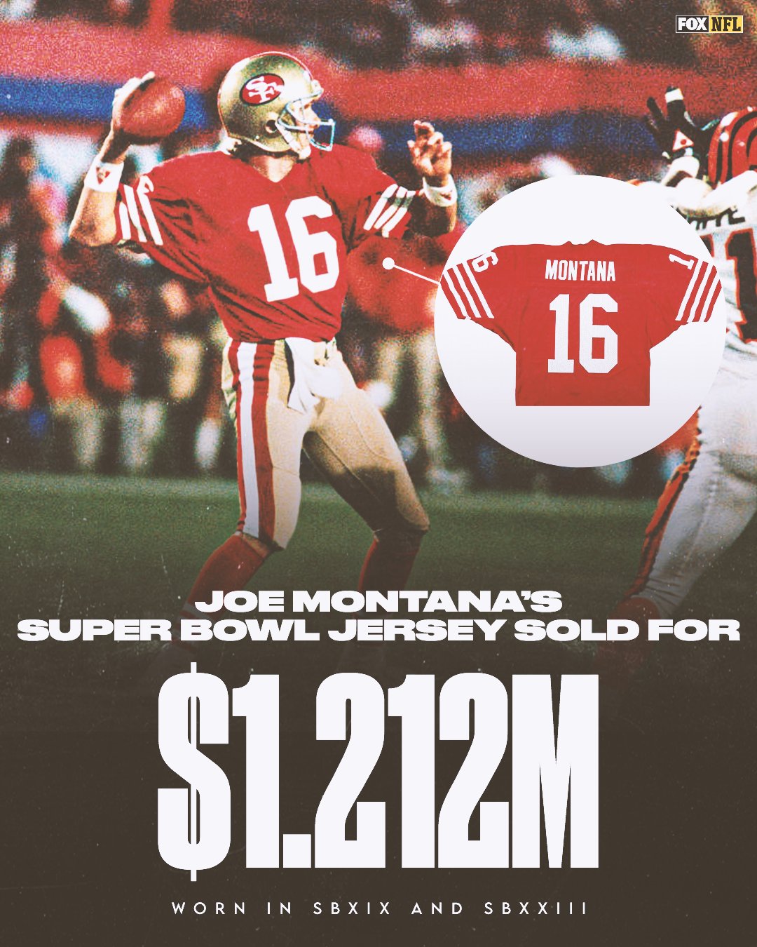 FOX Sports: NFL on X: 'Joe Montana's 'The Drive' Super Bowl jersey sold for  a record-breaking $1.212 million 
