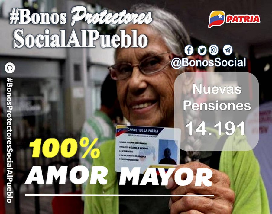 📢 #ATENTOS: Inicia el pagó de la Pensión 💯% #AmorMayor (marzo 2023) a través del Sistema 
@CarnetDLaPatria
 enviado por nuestro Pdte. 
@NicolasMaduro
.

✅ Monto en Bs. 130,00

@BonosSocial
 
 #ProducirEsIndependencia