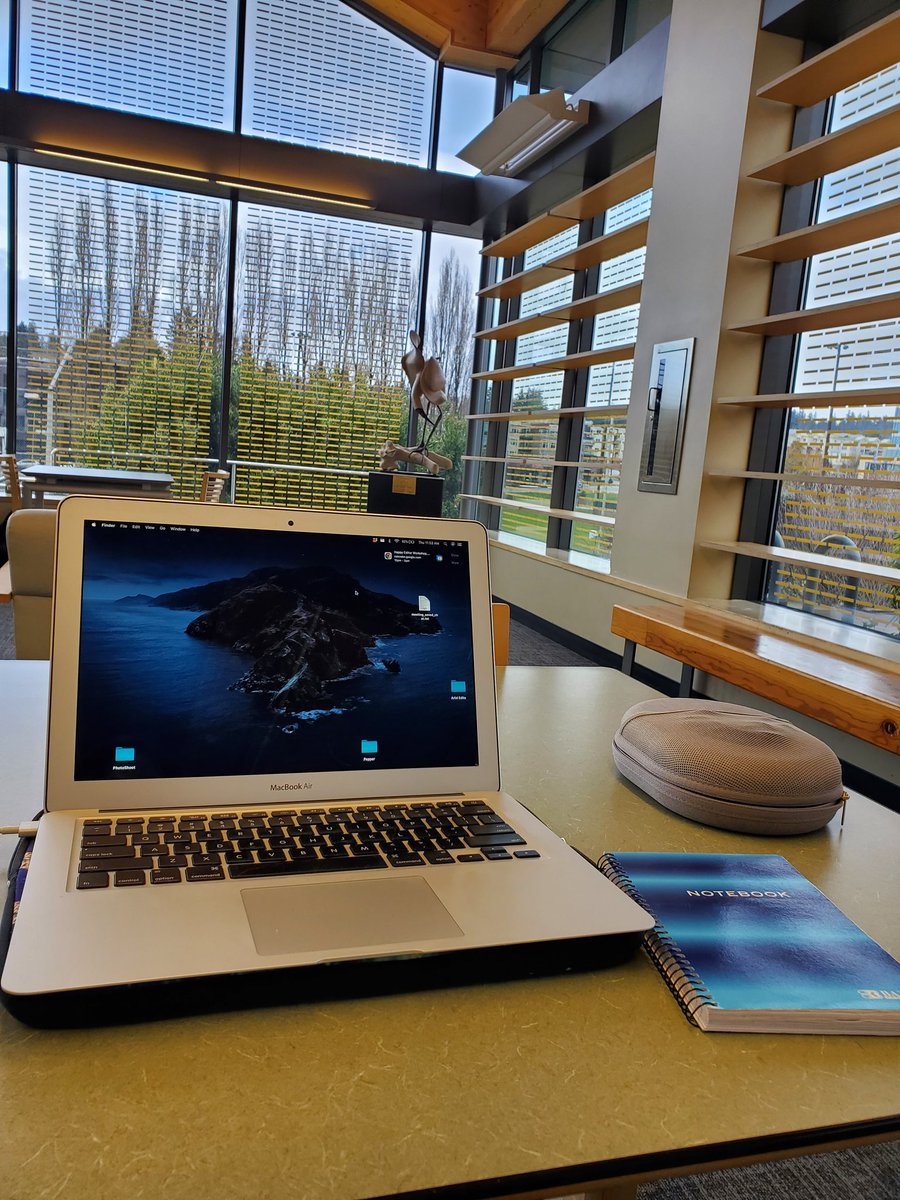 ArielCopyEdits's tweet photo. The office looks a bit different today as I prep to join part 2 of How to Be a Happy Worker, hosted by @EdsGuild, from the comfort of my local library. https://t.co/YG7JJ8vTeC