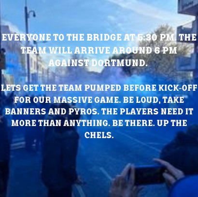 CFCAWAYDAYSS's tweet photo. 🚨 Everyone to The Bridge 5:30 pm 7th march. The purpose of welcoming the players is to get the team pumped.

Important to point out. THIS IS NOT A PROTEST. We are there to support the team ans create good pre game atmosphere and nothing else. See you there. https://t.co/wxFcoigsoZ