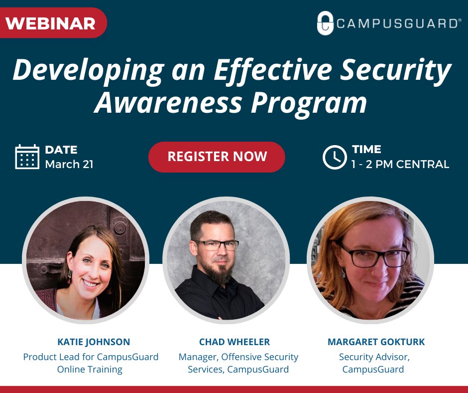 Campusguardmps's tweet photo. #SecurityAwarenessTraining is a critical element of any organization’s data security program. Join us for a free #webinar where our team of experts will discuss how to develop and enact an effective #informationsecurity training program.

Register now: https://t.co/rc0QYoRbp8 https://t.co/sRgzCplIxa
