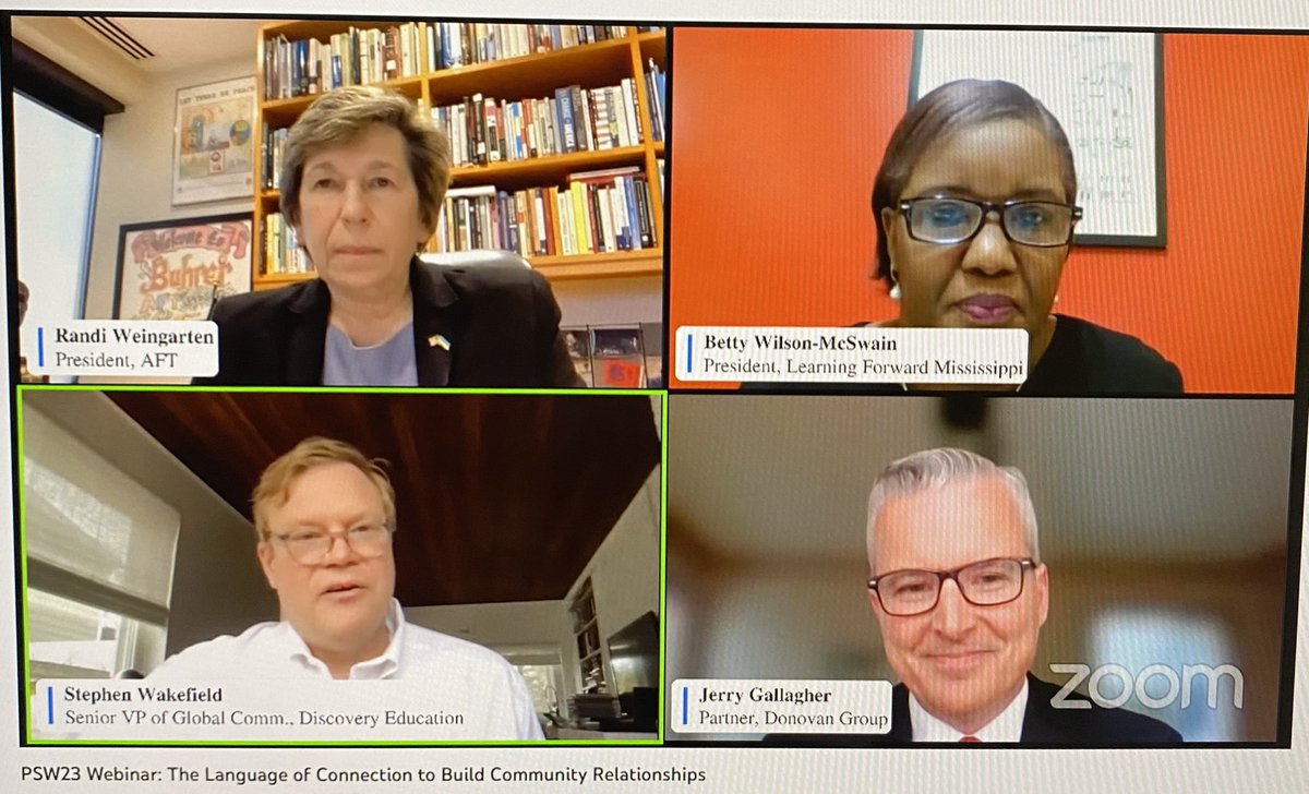 Charlotteblane's tweet photo. Listening to a great conversation about Building Community Relationships, as part of the Public Schools Week (#psw23) celebration. With @AFTunion Pres. @rweingarten Stephen Wakefield, @JerryGallagher and Betty-Wilson- McSwain @learningforward. #HereForTheKids https://t.co/VZc2RnTA5P