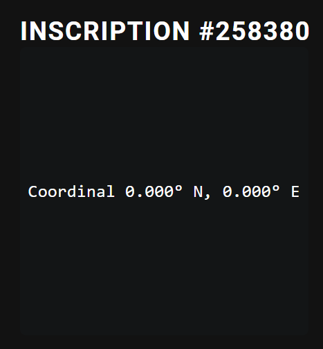 BTCCartographer's tweet photo. Bitcoin Coordinal 0.000° N, 0.000° E  has been inscribed on the chain with @ordswap! Inscription #258380

Join our Discord and start inscribing Coordinals today! https://t.co/EkGseN7h92
