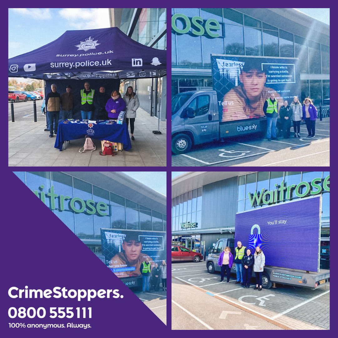 CS_SurreySussex's tweet photo. Team @CrimestoppersUK out and about with @heath_watch and @SurreyHeathBeat, raising awareness of our charity.
#countylines #reportingcrime #bagshot #frimley #camberley https://t.co/ZTyn3soshd