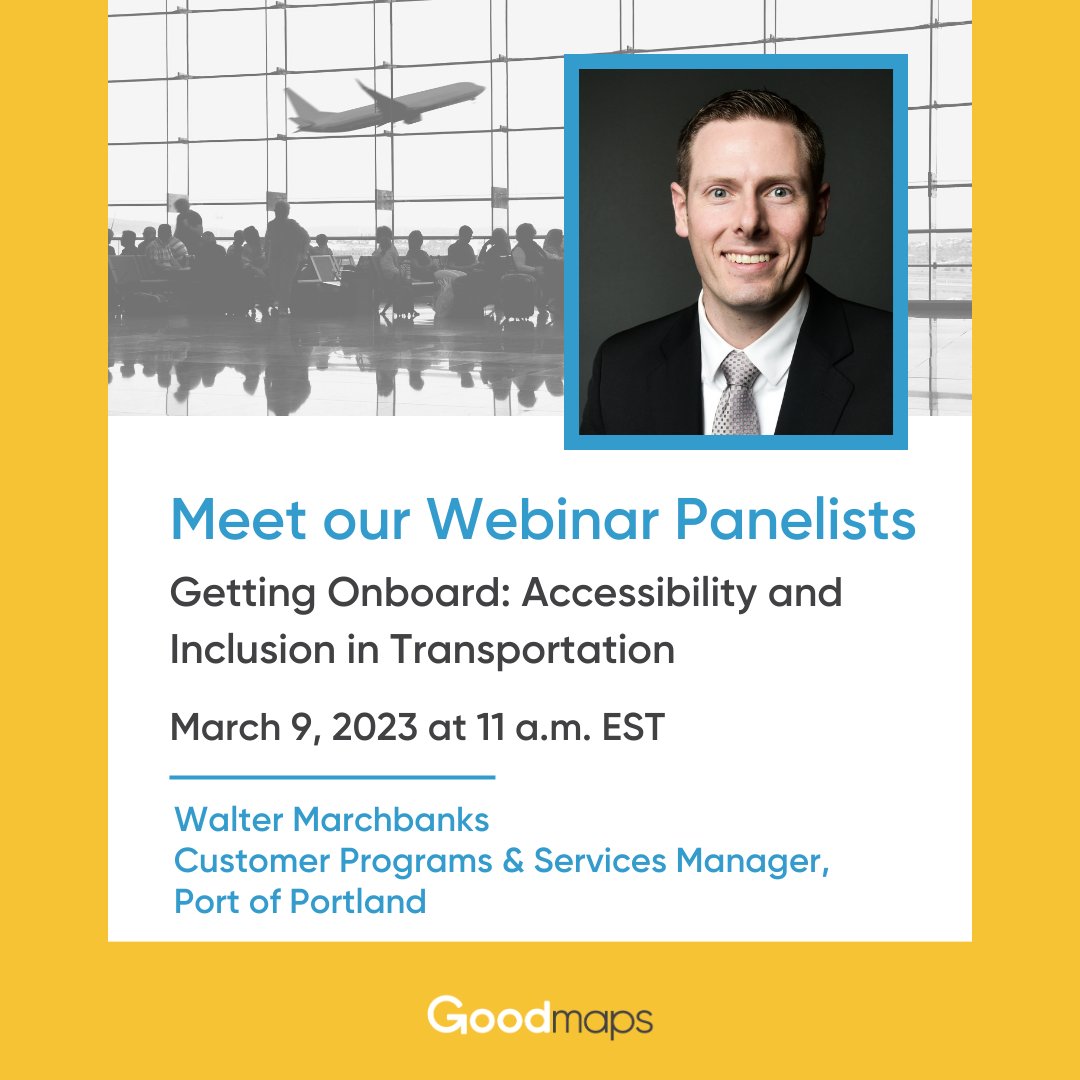 GoodMapsForAll's tweet image. Meet the panelists for our upcoming webinar on March 9 at 11 a.m. EST!

Walter Marchbanks fosters partnerships with special needs and tourism agencies for @flypdx People and chairs the PDX Accessibility Committee.

Register: ow.ly/u43s50N6VOP

#OnboardWithAccessibility2023
