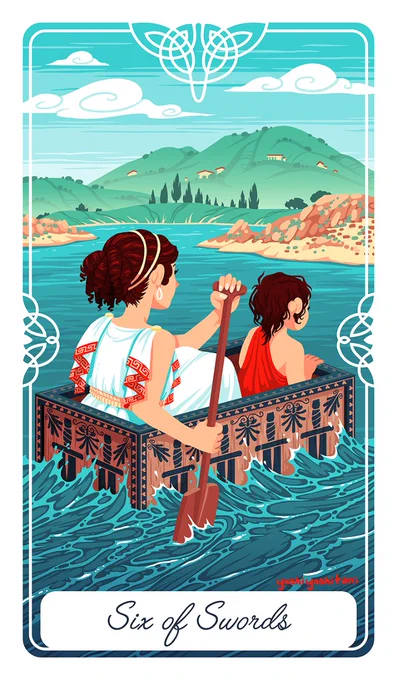 Six of  healing, moving forward, escape,  feeling trapped, instability, cancelled travel, unresolved issuesThis is a card of transition, a journey in progress. It invites us to let go of what is familiar, but no longer serving us, in order to grow. 