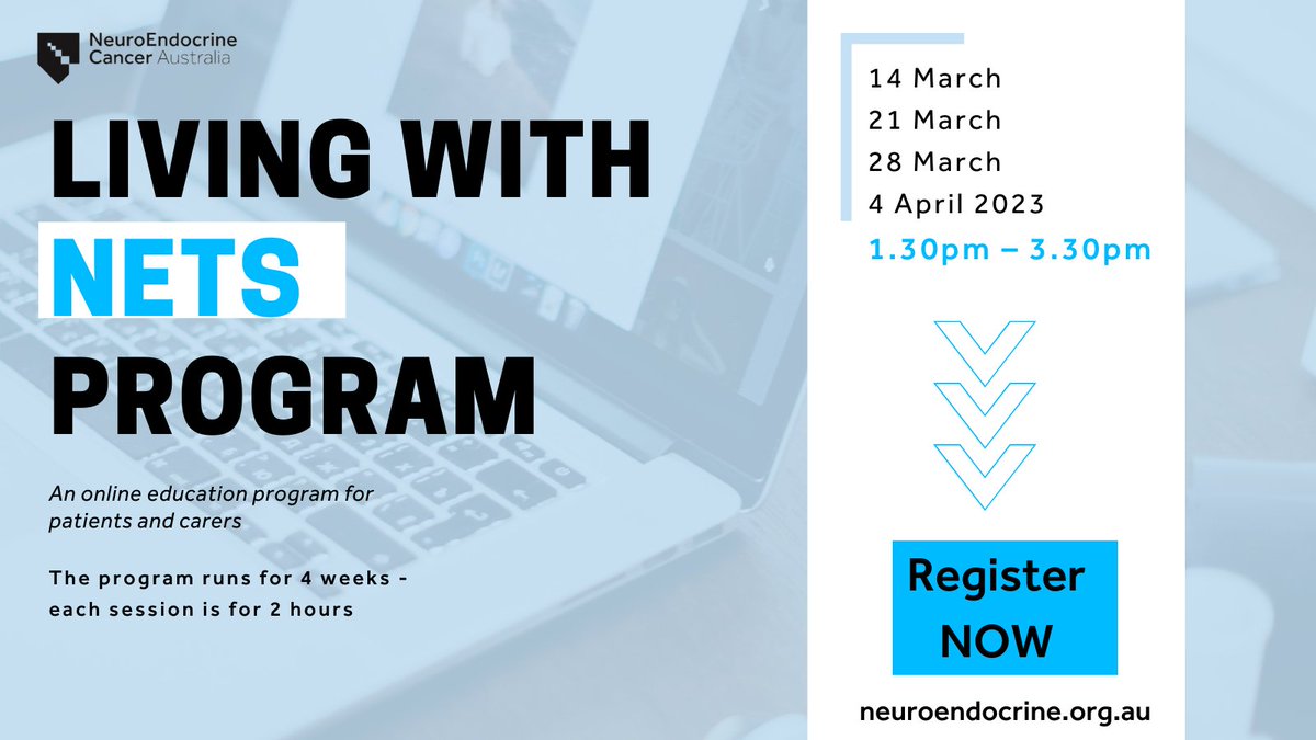 NECancerAus's tweet image. Only a few places are left in our &quot;Living with NETs&quot; program. 

Starting the 14th of March, participants will learn more about #NETs and helpful skills for  #livingwithNETs.

ow.ly/wRrU50N4ff8 

#LetsTalkAboutNETs #NeuroendorineCancer #NeuroendocrineTumours #CancerAwareness