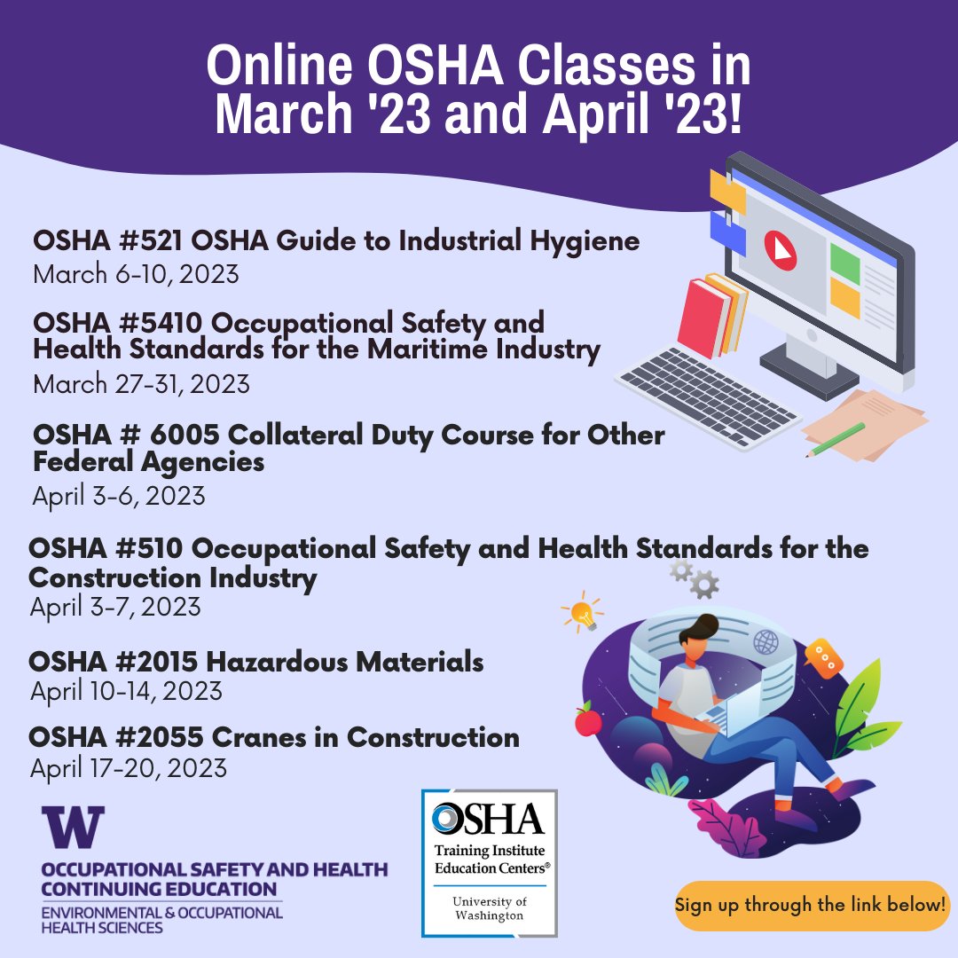 UWDEOHSCE's tweet photo. #Registrations now open for our #online, instructor led OSHA classes!! We look forward to seeing you!!
OSHA March &amp; April 2023 online classes : https://t.co/94eLw3ke65

#oshacompliance #professionaltraining #training #healthandsafety #safetyfirst #safeatwork  #safetytraining https://t.co/haSrh1MGlo