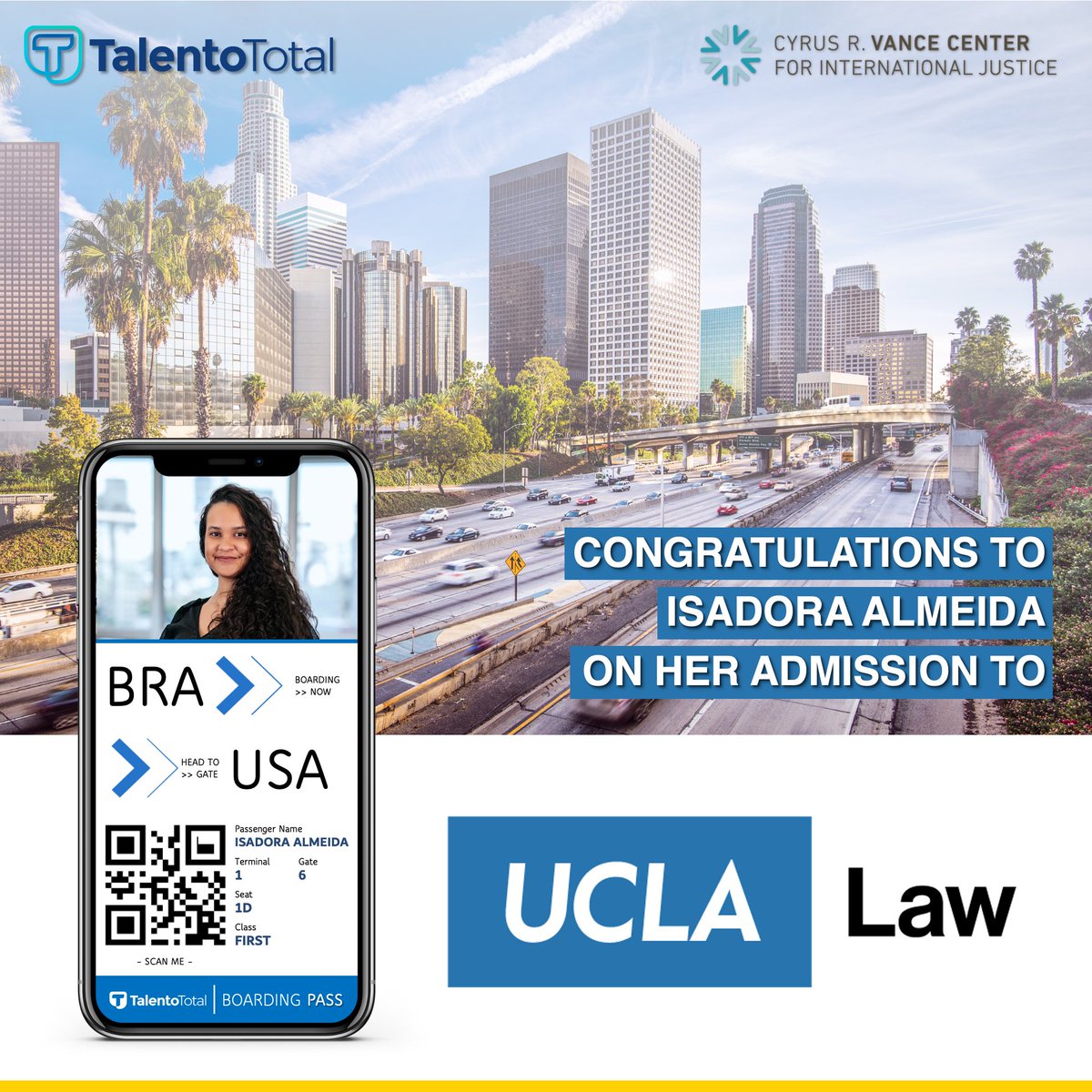 TalentoTotalOrg's tweet photo. Congratulations to Isadora Almeida, TotalLAW Prep Candidate Class of 2023, for being admitted to the UCLA School of Law!
#TotalLAWPrep #Courage #Bahia #Admitted #VanceCenter #LLM #TalentoTotal #UCLA #Demarest #LA #Bruins #Salvador https://t.co/CsQF0CF0IT