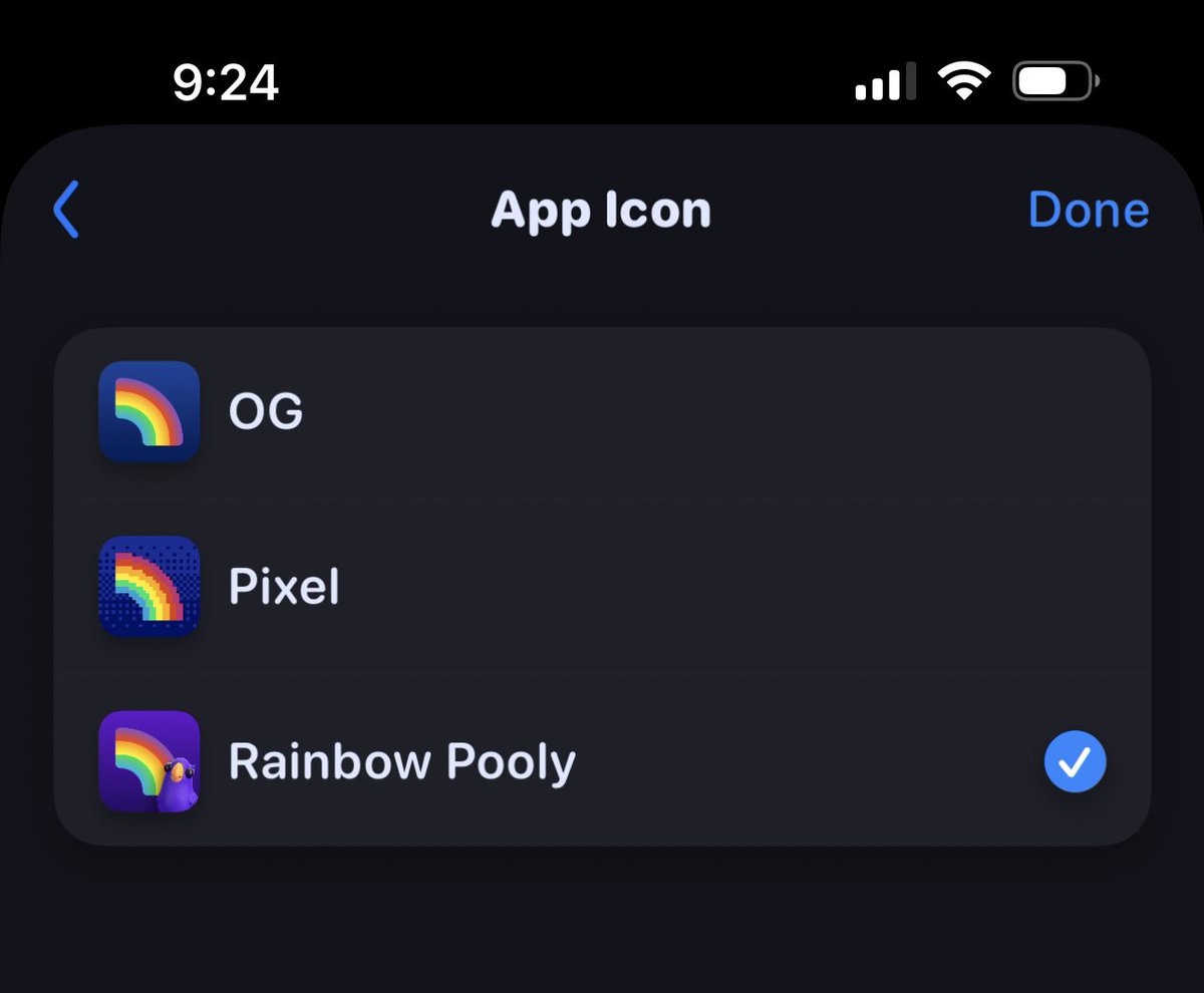 0xDesigner's tweet photo. I can’t think of a more innovative web3 UX than token-gated features. Owning a pooly NFT now unlocks a new @rainbowdotme app icon.

I know this one is seemingly trivial, but why the f*** isn’t every web3 product doing something like this? https://t.co/O3X3QlCtIj