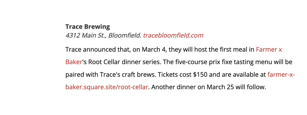 TraceBrewing's tweet image. 📝 Thank you, @PGHCityPaper!!!

Quick Reminder: we still have a few tix available for this Saturday's #RootCellar five-course prix-fixe dinner prepared by Farmer x Baker.

Dinner is at 6pm on Sat, March 4 in our Fireplace Room.

pghcitypaper.com/pittsburgh/a-f…