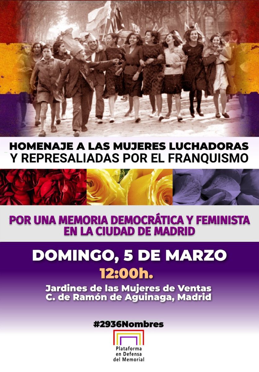 ❤💛💜 HOMENAJE A LAS MUJERES LUCHADORAS Y REPRESALIADAS POR EL FRANQUISMO

Fusiladas, encarceladas y torturadas durante el #Franquismo, también sufrieron una represión sexista con el objetivo de imponer un modelo patriarcal y único de ser mujer.

#2936Nombres #MemoriaHistórica