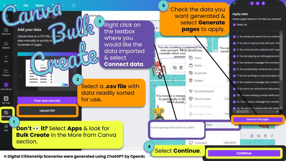 mspigglywigley's tweet photo. Obsessed with the possibilities for creation using Canva's #bulkcreate feature + ChatGPT. I was able to generate & create 20 print-ready digital citizenship task cards for secondary students in ~4 minutes total. I then edited a few scenarios, but the time saving capability is๐คฏ https://t.co/IUnj2y1LNh