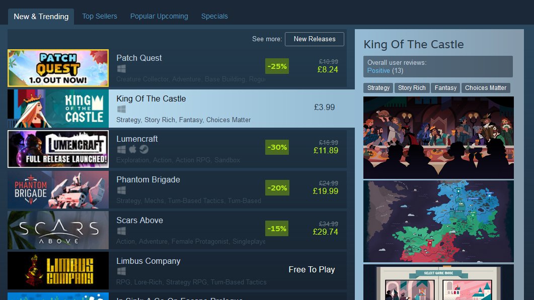 kotc_game's tweet image. What's that in 2nd of New &amp;amp; Trending in Steam? Why it's King of the Castle, the medieval political party game!

Which is us. We're speechless.

Thank you all for your support, for playing, and for your reviews (which help so much!).

You're all Kings, Queens and Monarchs to us.👑