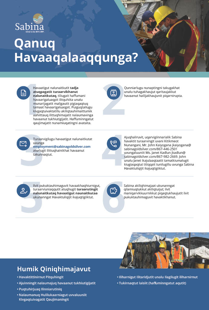 B2G_BackRiver's tweet photo. Do you live in the Kitikmeot Region? Are you interested in exploring a career in the mining industry? If yes, please reach out to Sabina to learn more about the exciting career opportunities at our #BackRiverProject. https://t.co/Mys5vCBDSc