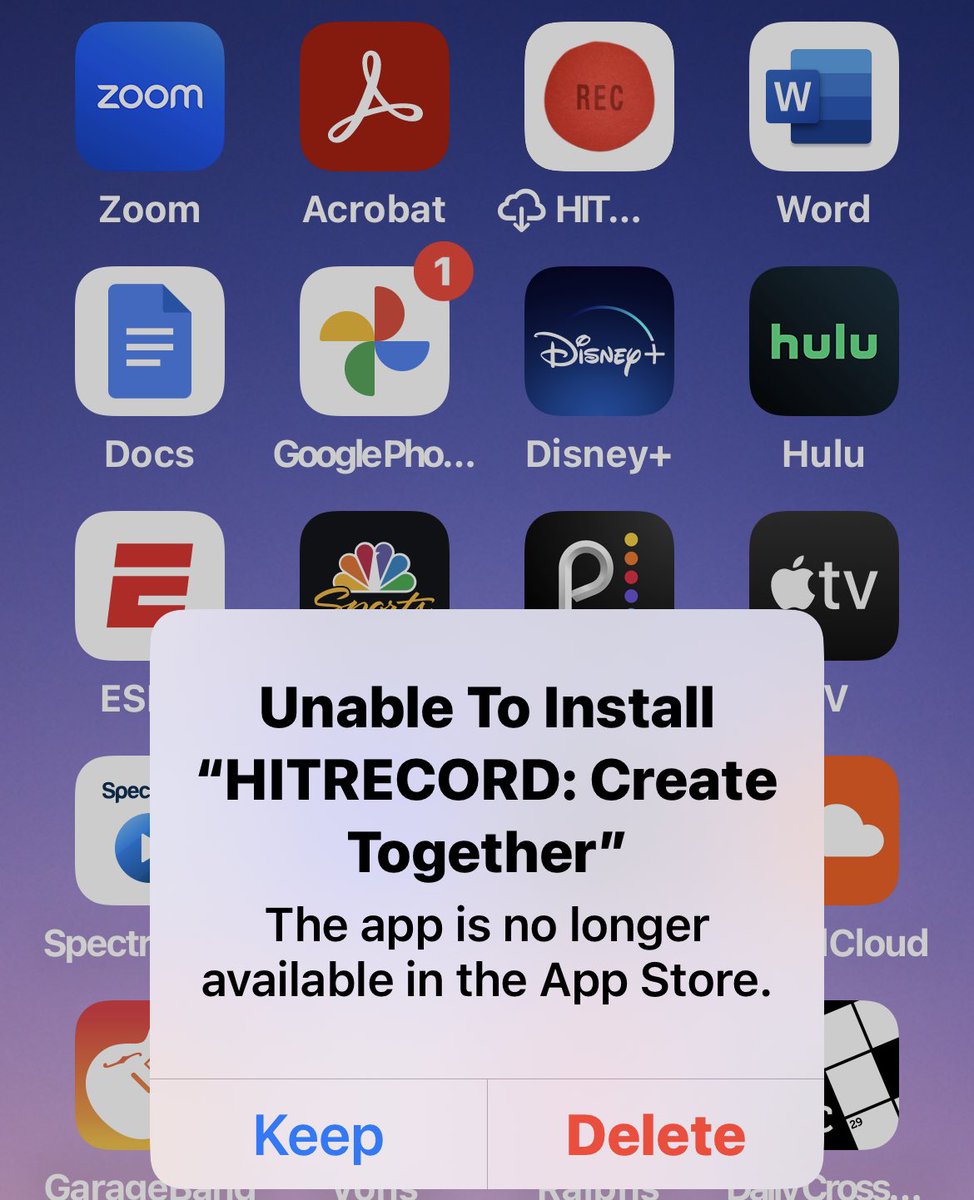 macmusicmagic's tweet photo. @HITRECORD Hey, tech guys &amp; gals… Just switched to new iPhone 13, but the HitRecord app is not coming up - got a msg that the app is no longer available in app store, but it still works on old phone. What’s up? No link I can see on the site to email my Q. https://t.co/Kdezg40coJ