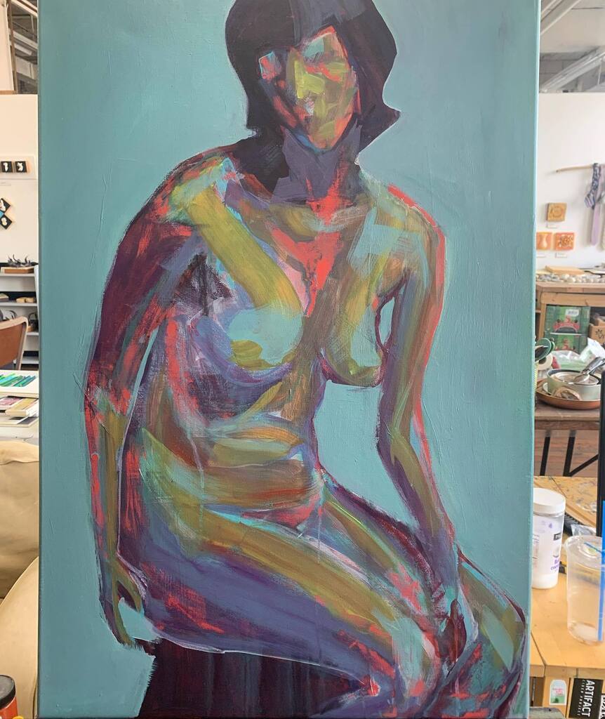 noisician's tweet image. some yellows and scraping back some of the paint down to the original red background.
.
#paintinginprogress #paintingprocess #scrapedpaint #scrape #figurepainting #nudefigure #scrapedpainting instagr.am/p/CpTHxvhP46E/