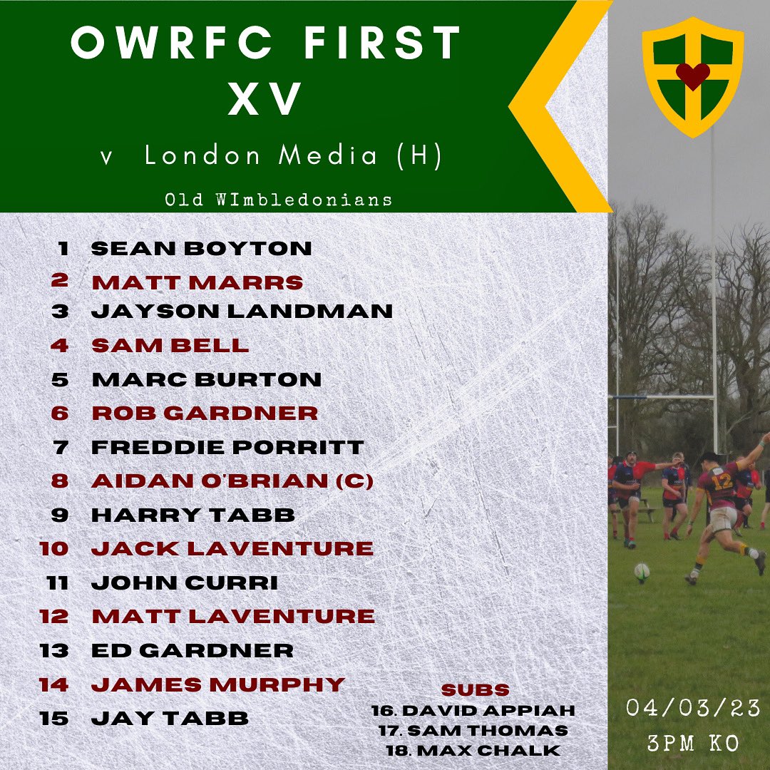 oldwimrfc's tweet image. Here’s how the lads line up for the last game of the season💥 

⏰ 3pm 
📍Old Wimbledonians 
 
Going to be a huge game so make sure you get down and support the boys and all their hard work this season ‼️