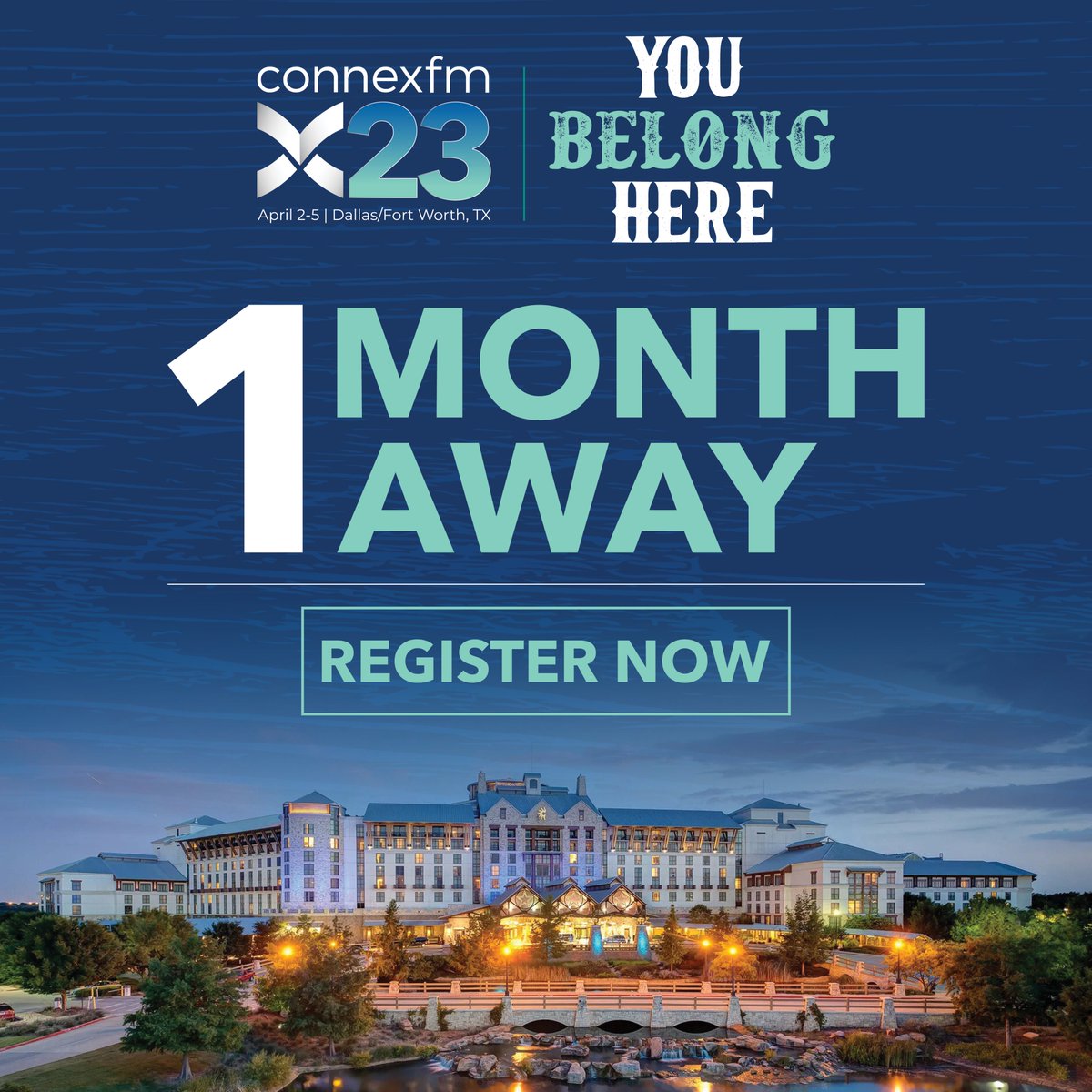ConnexFM's tweet image. ConnexFM 2023 National Conference is 1 month away from today! Will we see you at the largest tradeshow in FM, April 2-5 at the Gaylord Texan?

Register now before it’s too late! Hosted Buyer Options are available: go.connex.fm/3HHtIoz

#ConnexFM2023 #YouBelongHere #Tradeshow…