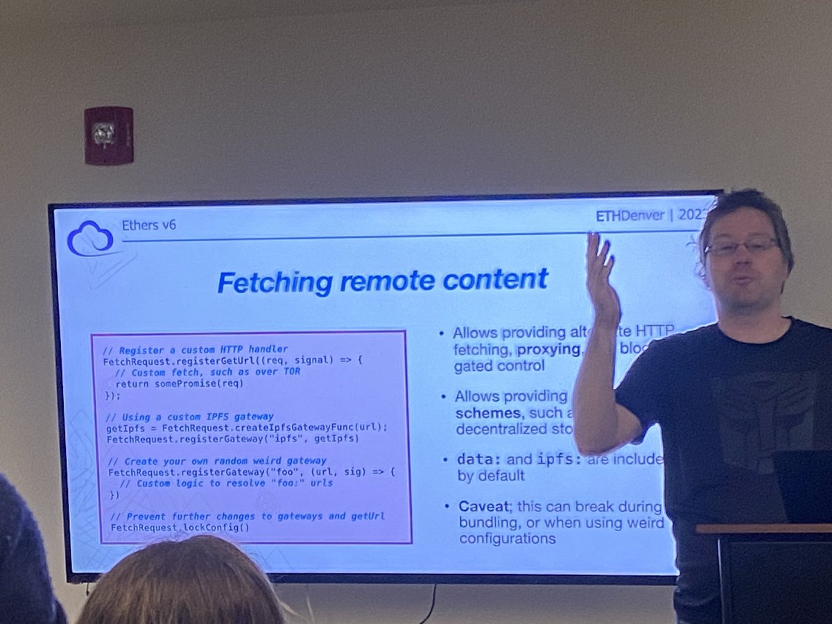 kratijain's tweet image. @ricmoo talking about the new features in ethers.js @ @EthMagicians #ethDenver #ethersjs