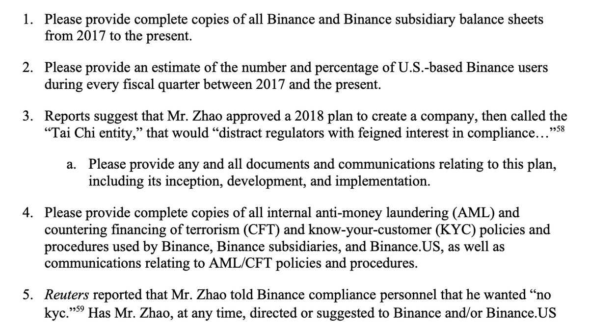 leomschwartz's tweet photo. Here is what three U.S. senators — Elizabeth Warren, Chris Van Hollen, and Roger Marshall — are requesting from Binance in their letter today to CZ and https://t.co/sqCToQ0vpT CEO Brian Shroder, including complete copies of Binance balance sheets dating back to 2017: https://t.co/3Gt6Ylohlt