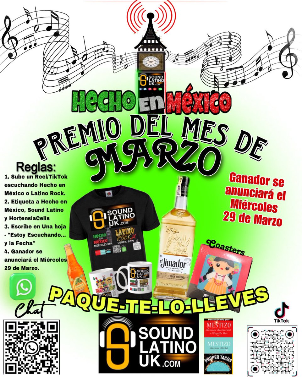 ¡PREMIO DEL MES DE MARZO!
Participa y Gana!
Graba un video corto 
1. Súbelo como Reel facebook/TikTok escuchando Hecho en México o Latino Rock.
2. Etiqueta a <a href="/HechoenMexicoUK/">Hecho n Mexico Radio</a> , <a href="/SoundLatinoUK/">SOUND LATINO UK RADIO</a> Radio y <a href="/HortensiaCelis/">Hortensia Celis</a> 
SIGUE LOS DEMÁS PASOS PARA PARTICIPAR 👇🏼👇🏼👇🏼👇🏼