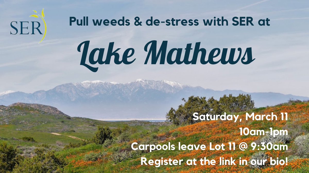 It’s time! Register for our next event: weed pulling at Lake Mathews! Join us on Saturday, March 11 from 10am-1pm to de-stress ahead of finals. Links for registration and carpooling sign up in bio. 🌸