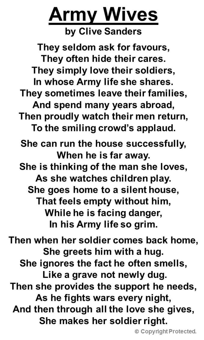 #PoetrybyCliveSanders Clive believe Military Wives don't get enough praise for all their hard work. Respect to all Military Wives and Thank you for all your hard work during and after Military Service. <a href="/The_AFF/">AFF</a> <a href="/ArmyandYou/">Army&You Magazine</a> <a href="/MWChoirs/">Military Wives Choirs</a> <a href="/BFBSRadioHQ/">BFBS Radio</a> <a href="/JohnnyMercerUK/">Johnny Mercer</a>