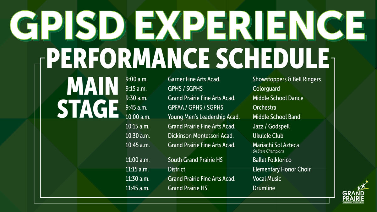 We are excited to announce the performance schedule for the 12th Annual GPISD Experience featuring our award-winning fine arts programs. Join us this Saturday from 9 a.m. - noon at Dubiski Career High School. More details at gpisd.org/experience.