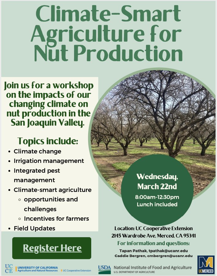 <a href="/ucanr/">Ag&Natural Resources</a> <a href="/ucmerced/">UC Merced</a> organizing <a href="/USDA_NIFA/">NIFA</a> funded FREE worksop on Climate-Smart Agriculture for Nut Production. Please share in your network and register here,  ucmerced.az1.qualtrics.com/jfe/form/SV_9G…. Lunch included