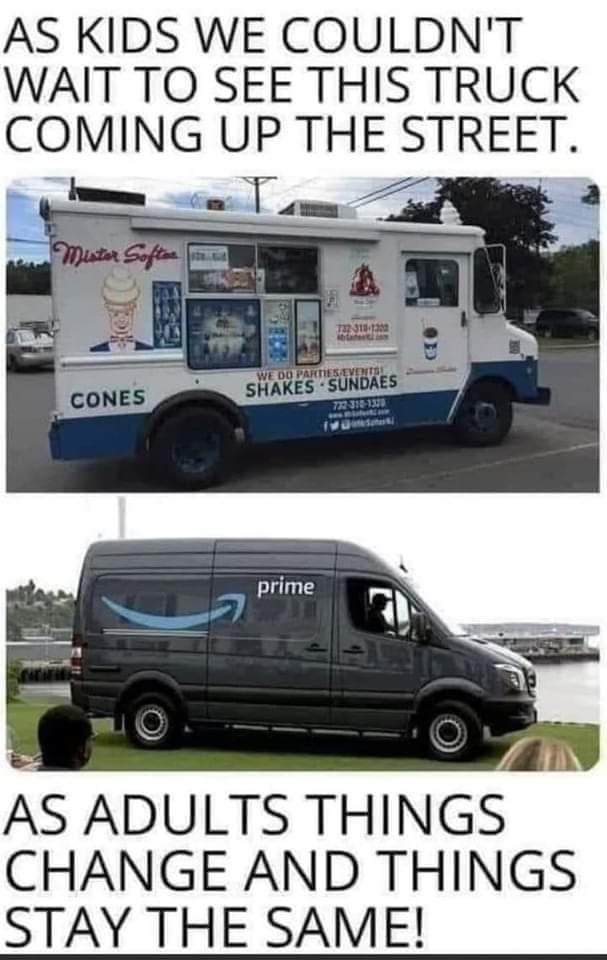 oakleyrcampbell's tweet image. Prime should have music playing so that we know when they are driving on our street. Adults flooding the streets looking for their packages!

#oakleyrcampbell #funnymemes #amazonpackages #icecreamtrucks