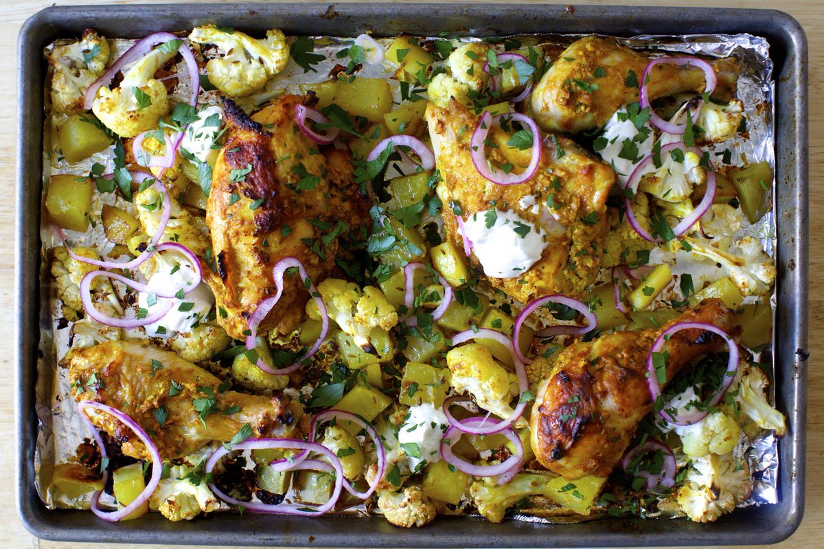 This chicken tikka is my favorite sheet pan dinner, here on a bed of cauliflower and potatoes, served right in the pan. Wildly flavorful, full of textures and color, we never get tired of it. bit.ly/351bpbK