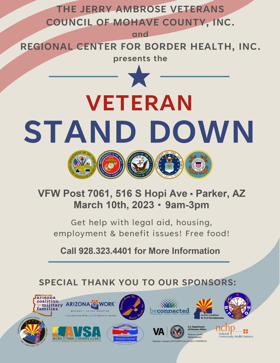 Live in #MohaveCounty? Don't forget about this awesome opportunity to connect with Veteran benefits and services in #Parker!

For more information call 928-323-4401

#AZVets #Arizona #Veterans #northwestArizona #veteranevent #reminder #dontforget #VeteranStandDown #Veteran