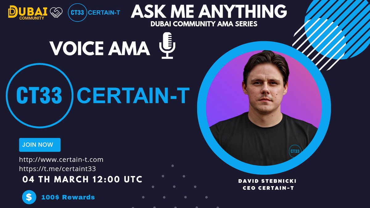 Dubai_community's tweet photo. 🎙️We're pleased to announce our next Voice #AMA with #Certain-T 
04th Mar at 12:00  UTC
💰Rewards Pool: 100$
🏠Venue: https://t.co/PKaI6yp9kn
      Rules
1⃣Follow @Dubai_community &amp; @CERTAIN_T33
2⃣Like &amp; RT
3⃣ 2Questions Max &amp;
Must Join Voice Chat https://t.co/1hLgqVzhCr