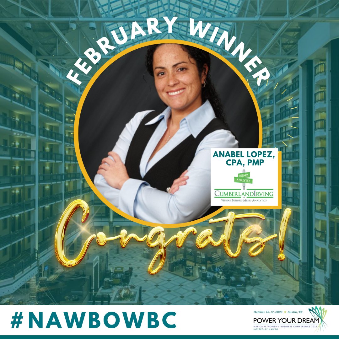 NAWBONational's tweet photo. Congrats 🎉 to Anabel Lopez, CPA, PMP President and CEO of Cumberland Irving. She registered early for #NAWBOWBC and she won the February ONE-Night Hotel Credit.
Who's going to win in MARCH? 🍀 Learn more about our annual conference here: https://t.co/oDv9hiEcjG
Cumberlan ... https://t.co/9zYKroKyWw