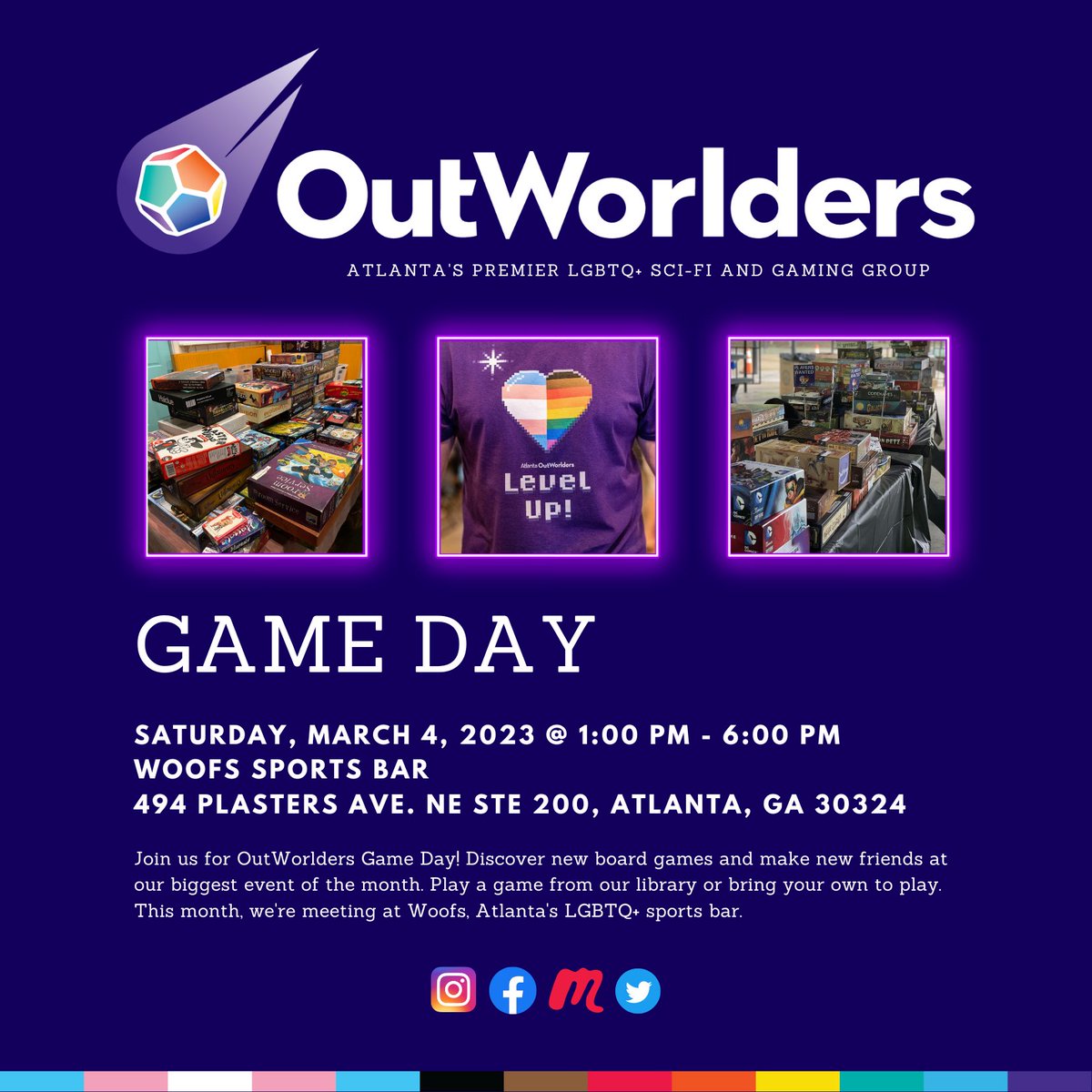 OutWorlders's tweet photo. Join us for OutWorlders Game Day this Saturday!

https://t.co/5QD5YJt4yb

#OutWorlders #BoardGames #MovieNight #GameNight #BookClub #SciFi #Geek #ATL #Atlanta #GayATL #GayAtlanta #LesbianAtlanta #LGBT #Lesbian #Gay #Bisexual #Transgender #Trans #Queer #Nonbinary #Gaymer https://t.co/j9z58g5tAd